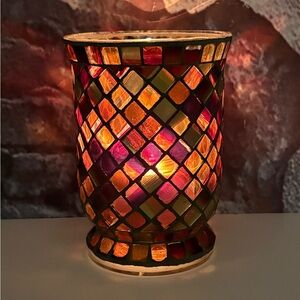 Mosaic Glass Huricaine Footed Candle Holder 7” Amber Brown Gold Tones Beautiful!